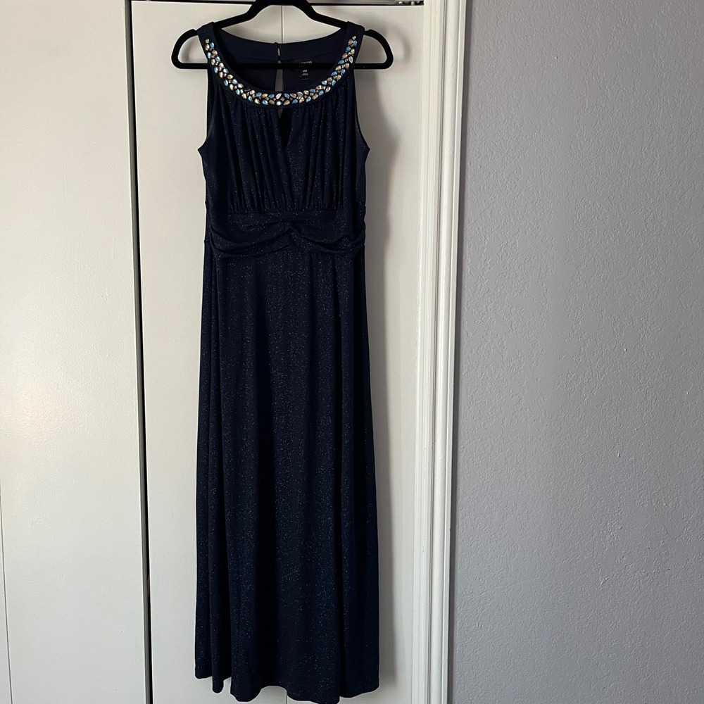 En Focus‎ Women's Navy Blue Sparkle Embellished Neckline Formal Maxi Dress